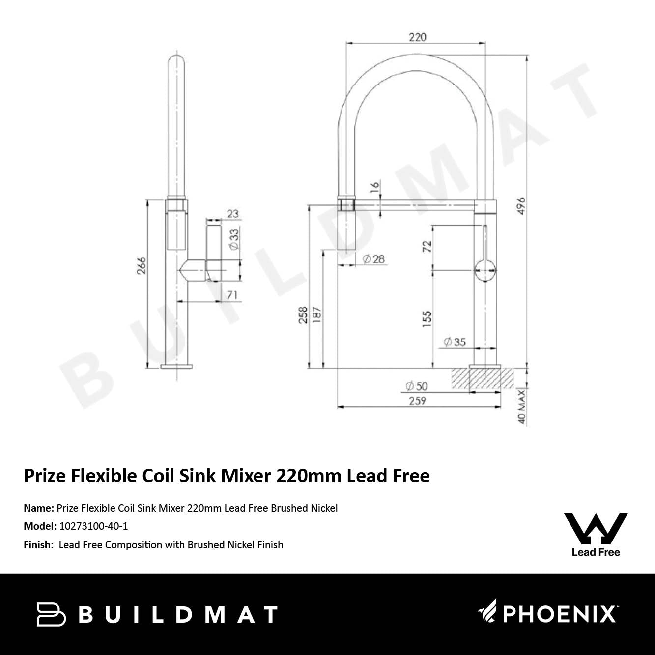 Prize Flexible Coil Sink Mixer 220mm Lead Free Brushed Nickel