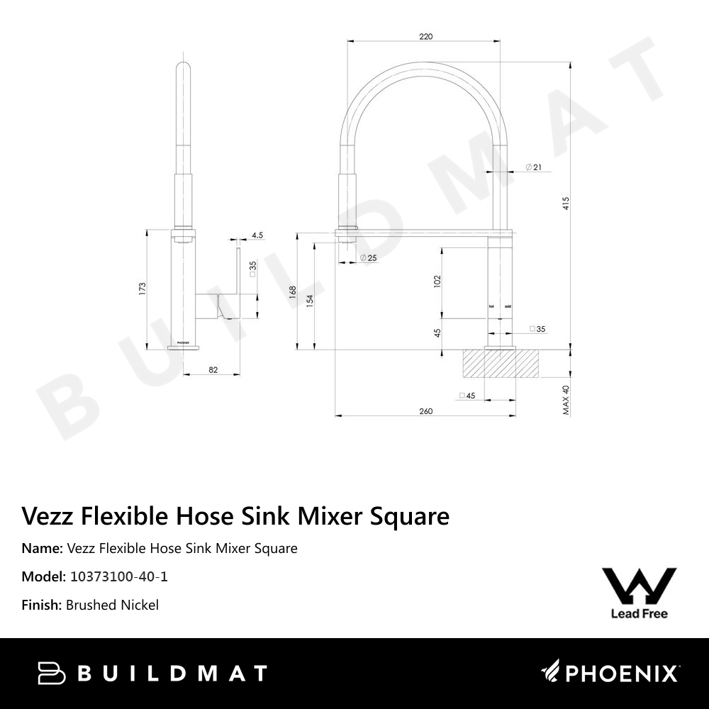 Vezz Flexible Hose Sink Mixer Square 210mm Lead Free Brushed Nickel