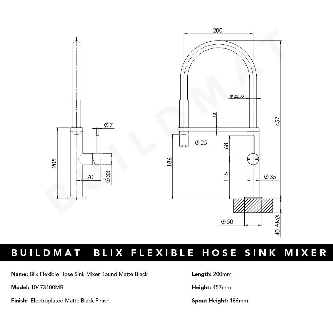 Blix Flexible Hose Matte Black Sink Mixer Round