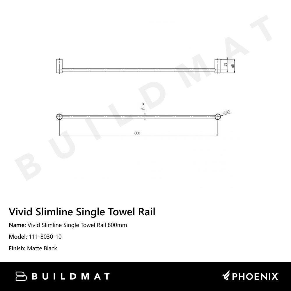 Vivid Slimline Single Towel Rail 800mm Matte Black