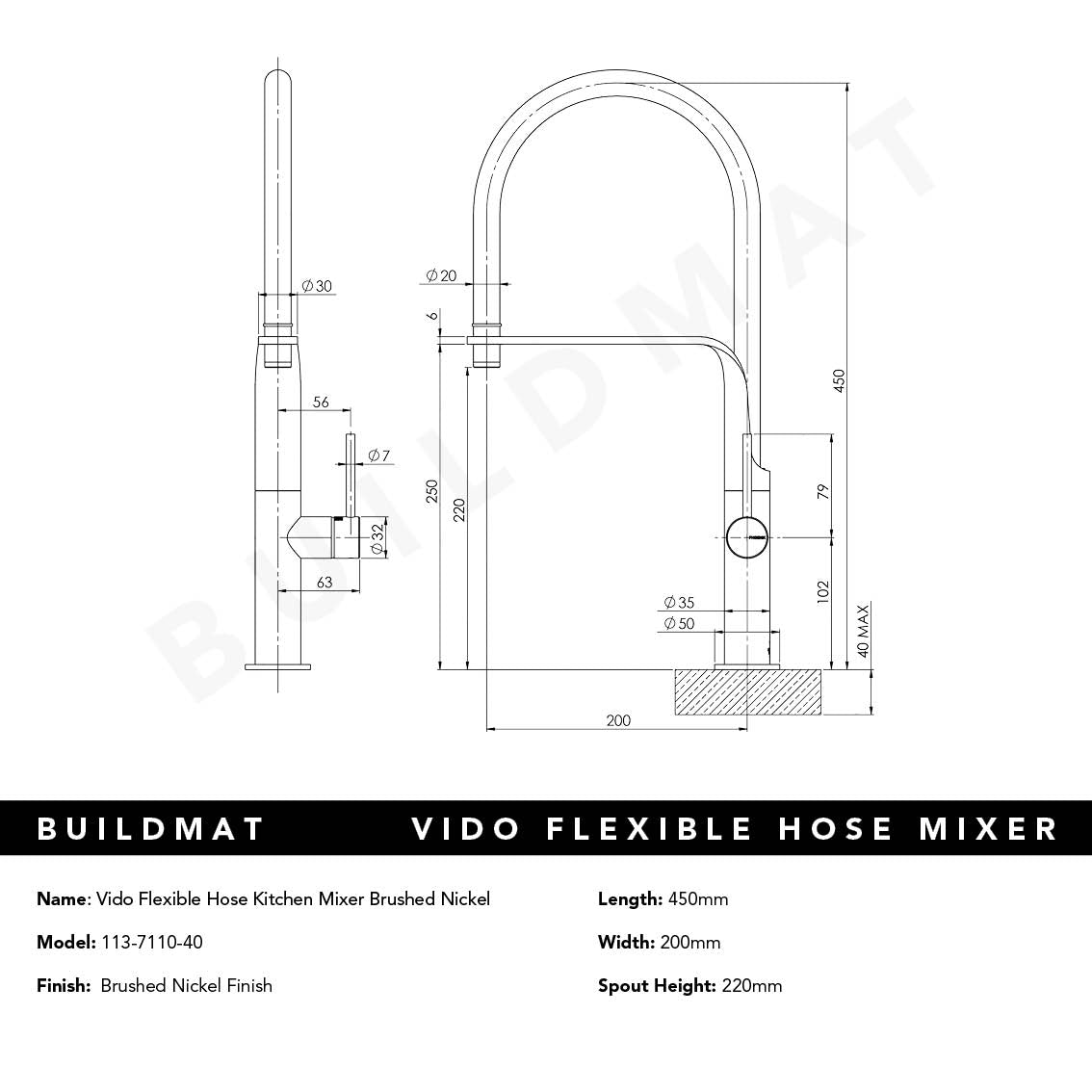 Vido Flexible Hose Kitchen Mixer Brushed Nickel