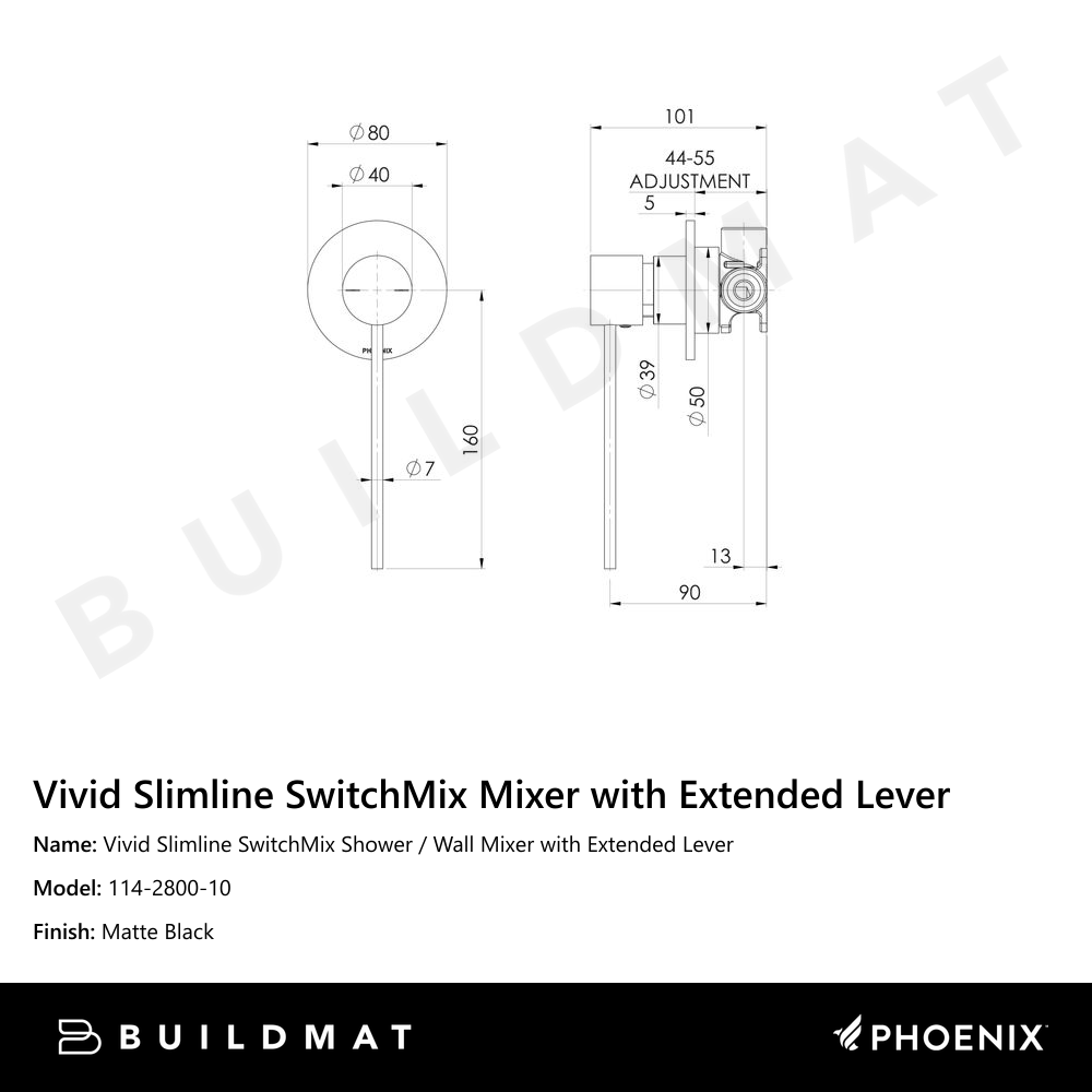 Vivid Slimline Shower / Wall Mixer with Extended Lever  Matte Black