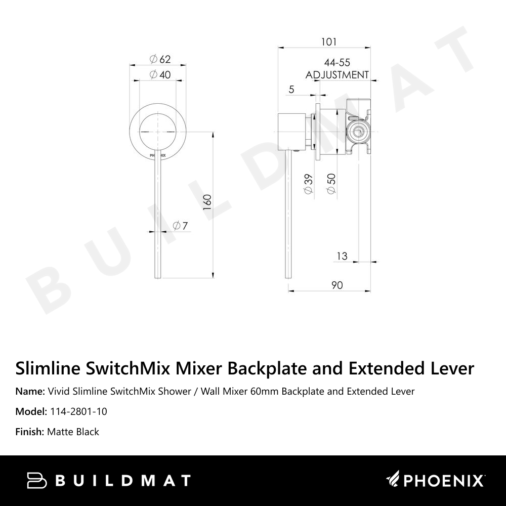 Vivid Slimline SwitchMix Shower / Wall Mixer 60mm Backplate and Extended Lever Matte Black