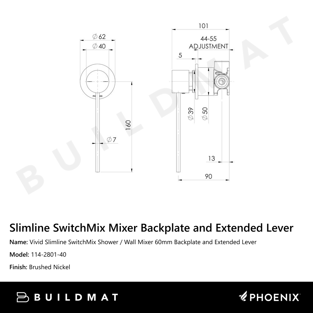 Vivid Slimline SwitchMix Shower / Wall Mixer 60mm Backplate and Extended Lever Brushed Nickel