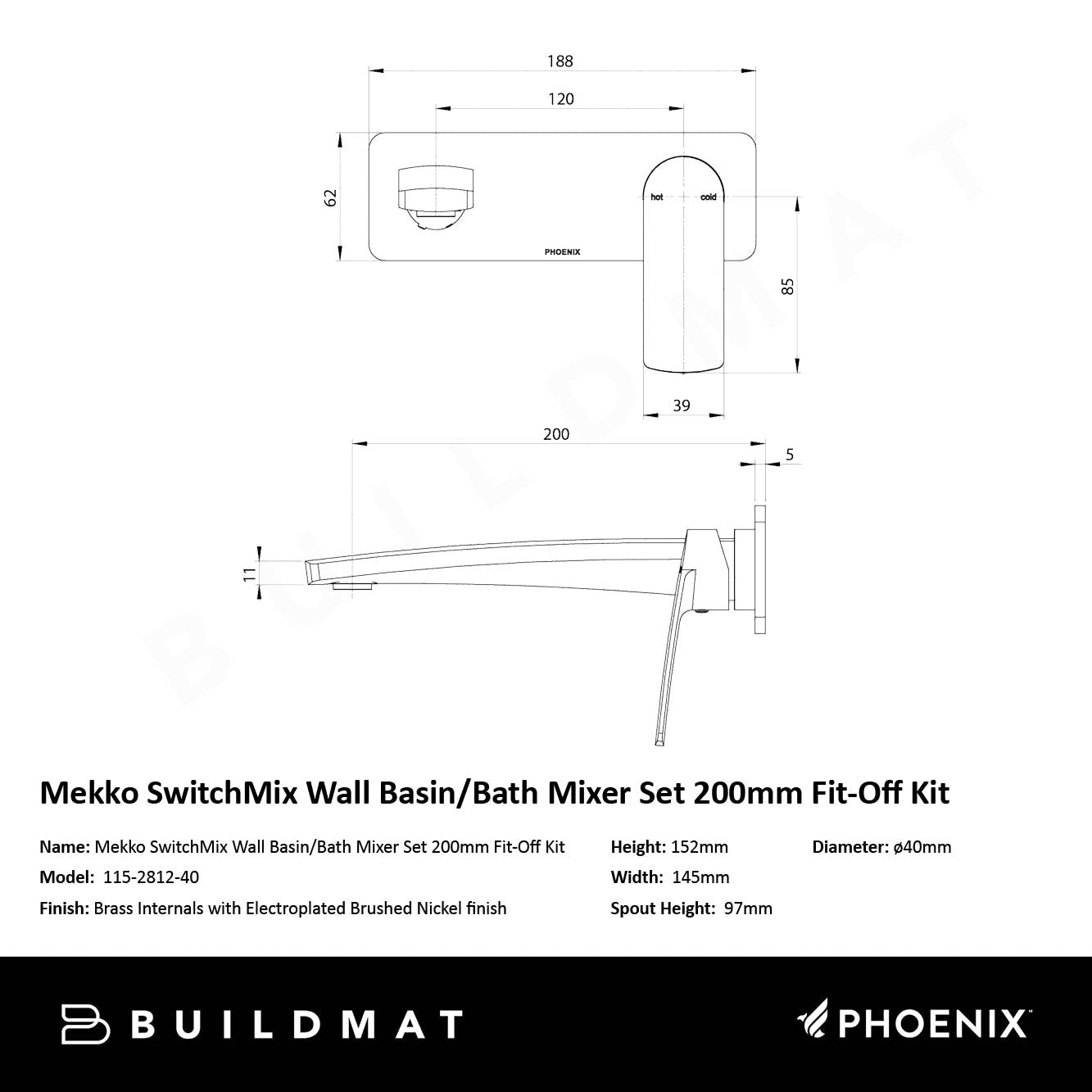 Mekko SwitchMix Wall Basin / Bath Mixer Set 200mm Fit-Off Kit Brushed Nickel