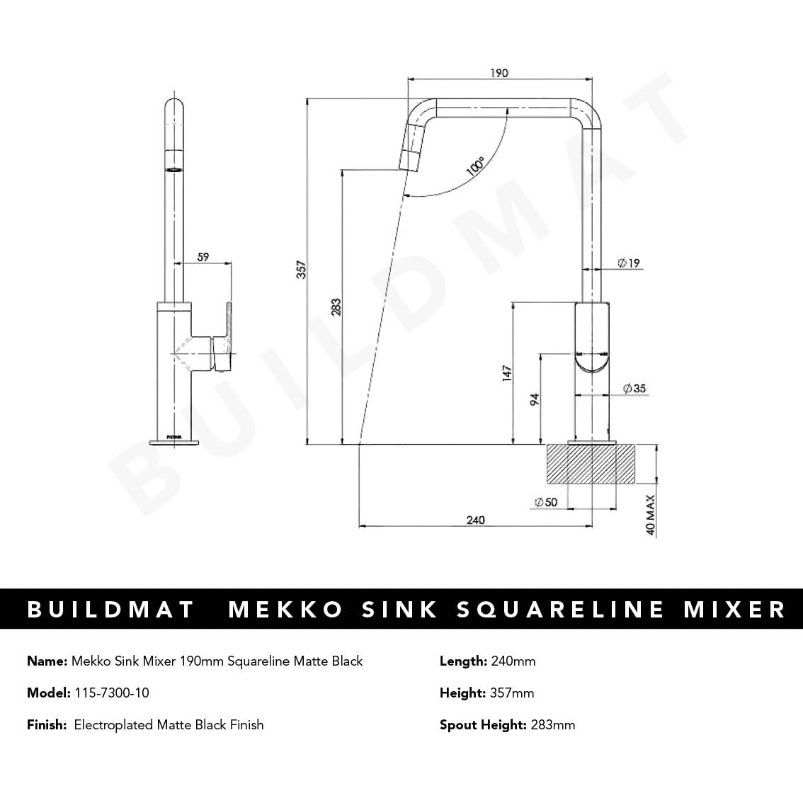 Mekko Matte Black Sink Mixer 190mm Squareline