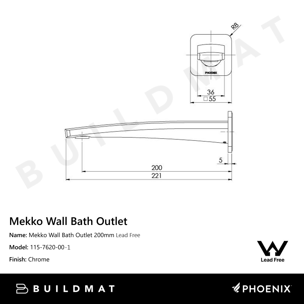 Mekko Wall Bath Outlet 200mm Lead Free Chrome