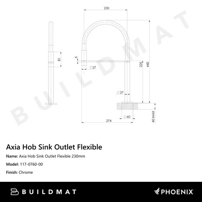 Axia Hob Sink Outlet Flexible Hose 230mm Chrome