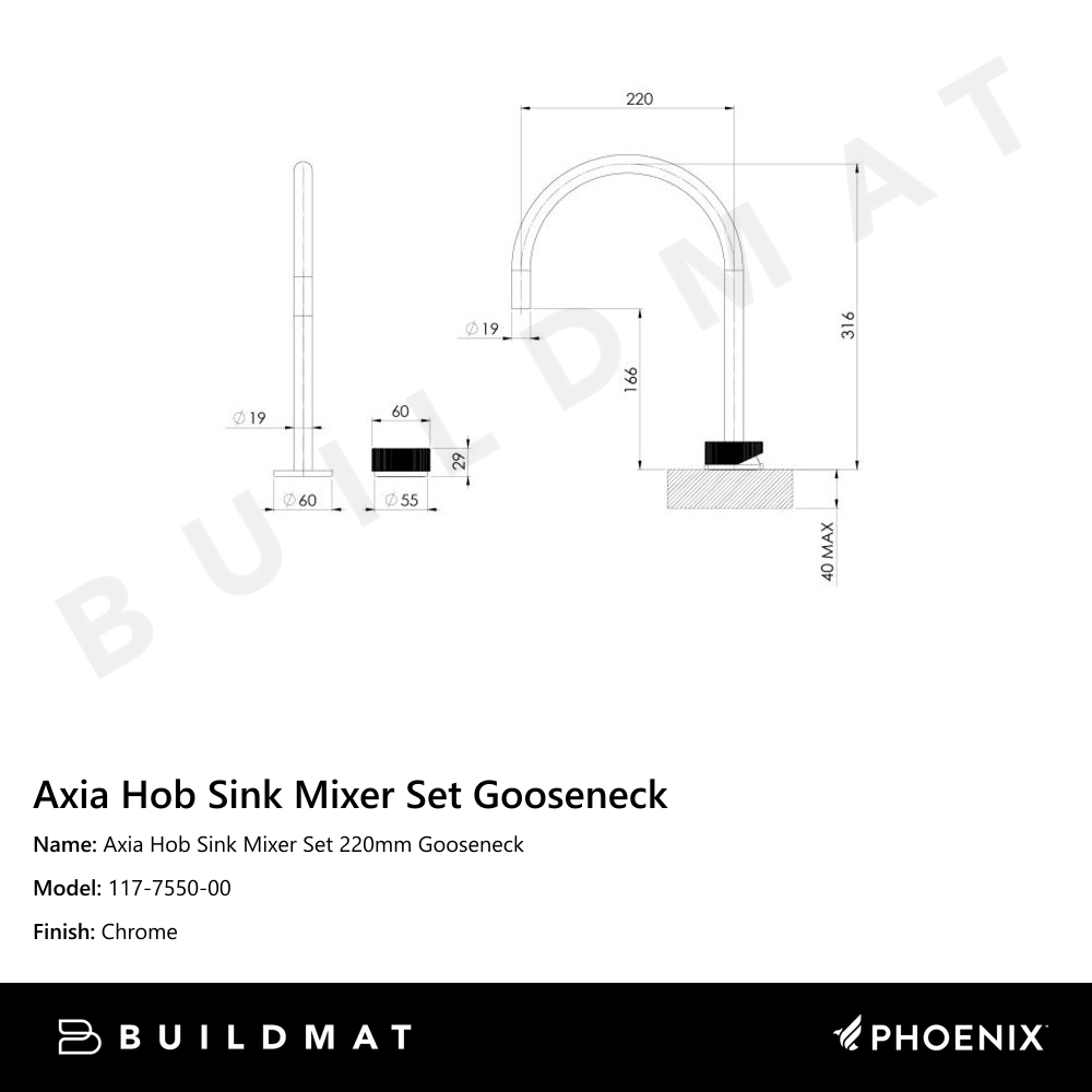 Axia Hob Sink Mixer Set 220mm Gooseneck Chrome