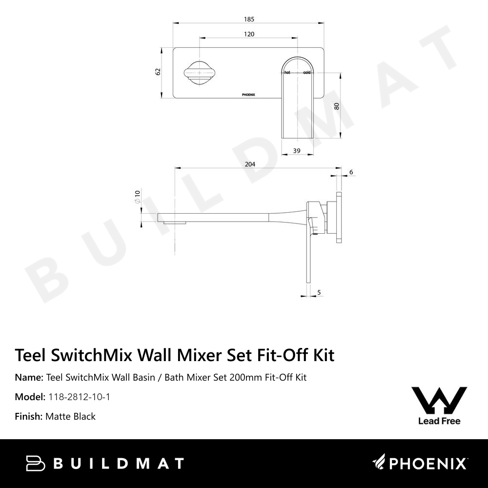 Teel SwitchMix Wall Basin / Bath Mixer Set 200mm Fit-Off Kit Lead Free Matte Black