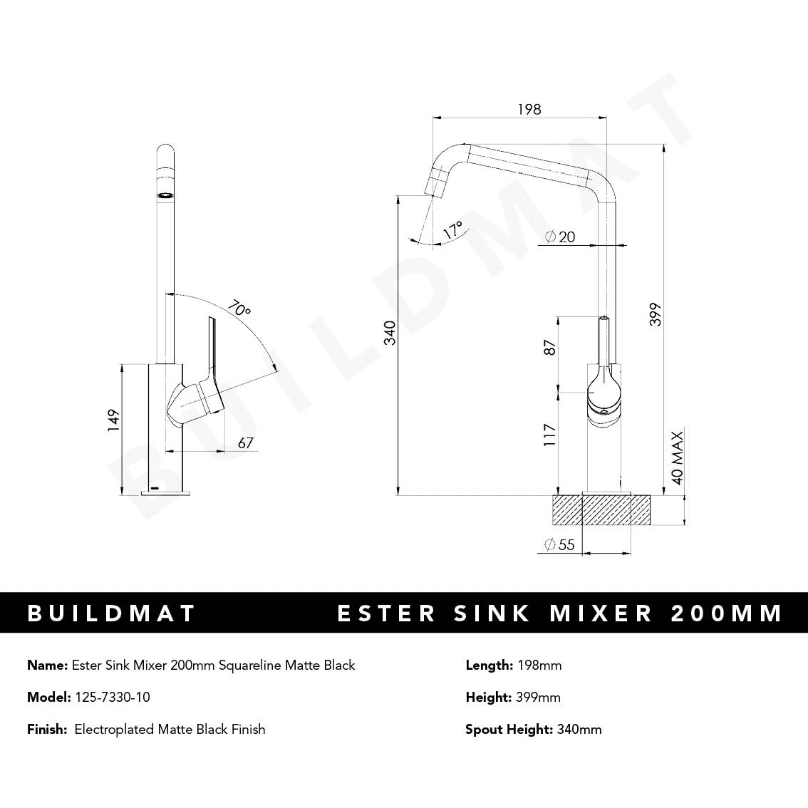 Ester Matte Black Sink Mixer 200mm Squareline