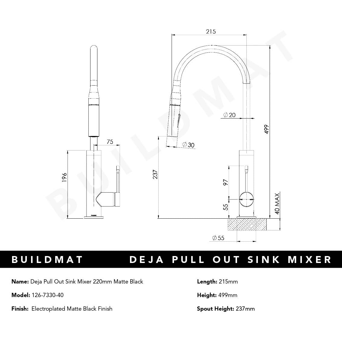 Deja Pull Out Matte Black Sink Mixer 220mm