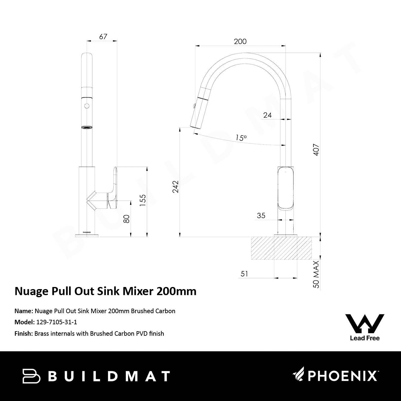 Nuage Pull Out Sink Mixer 200mm Lead Free Brushed Carbon