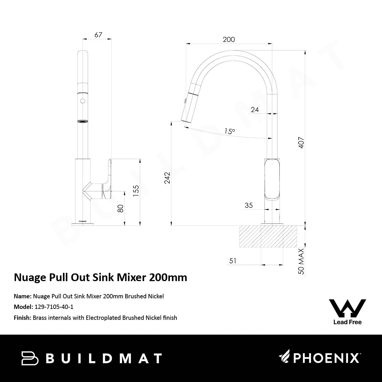 Nuage Pull Out Sink Mixer 200mm Lead Free Brushed Nickel