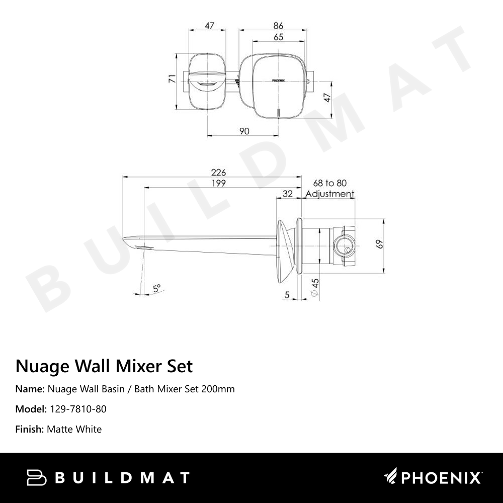 Nuage Wall Basin / Bath Mixer Set 200mm Matte White