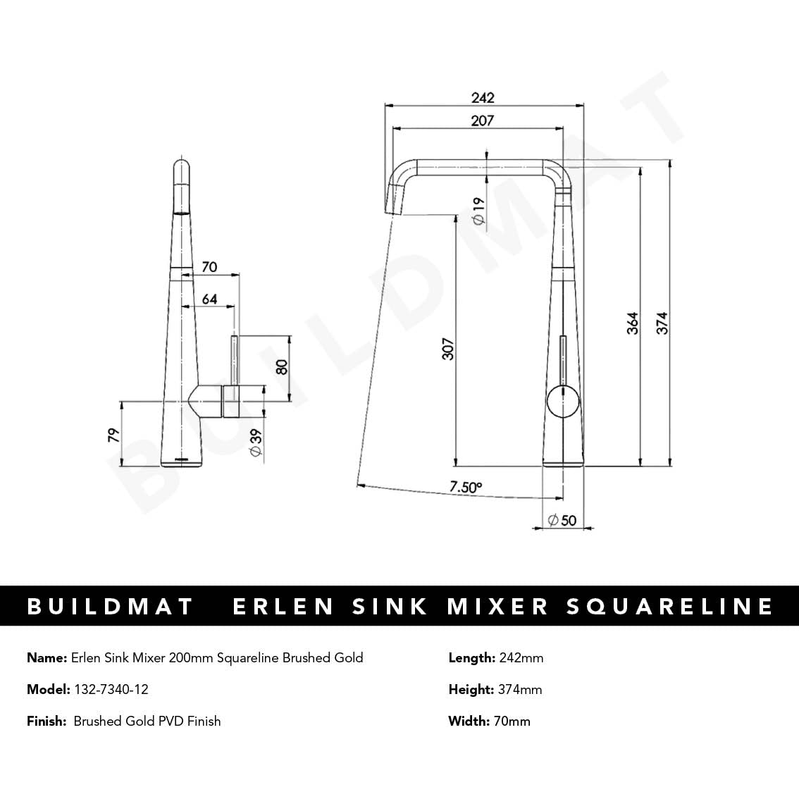 Erlen Brushed Gold Sink Mixer 200mm Squareline