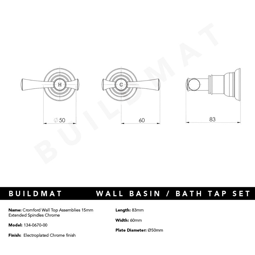 Cromford Wall Top Assemblies 15mm Extended Spindles Chrome