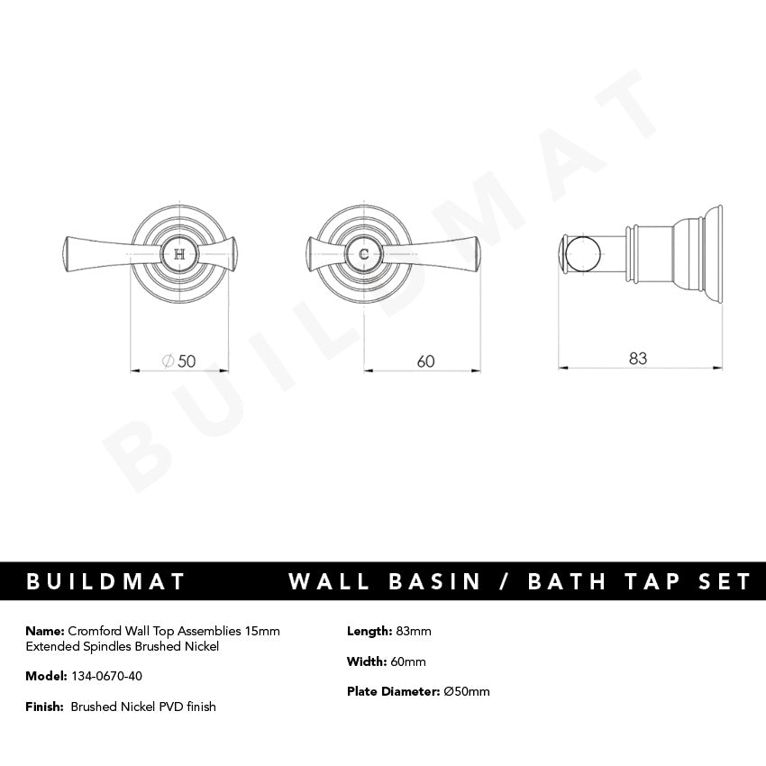 Cromford Wall Top Assemblies 15mm Extended Spindles Brushed Nickel