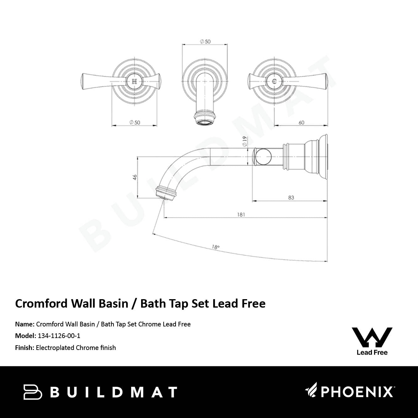 Cromford Wall Basin / Bath Tap Set Chrome Lead Free