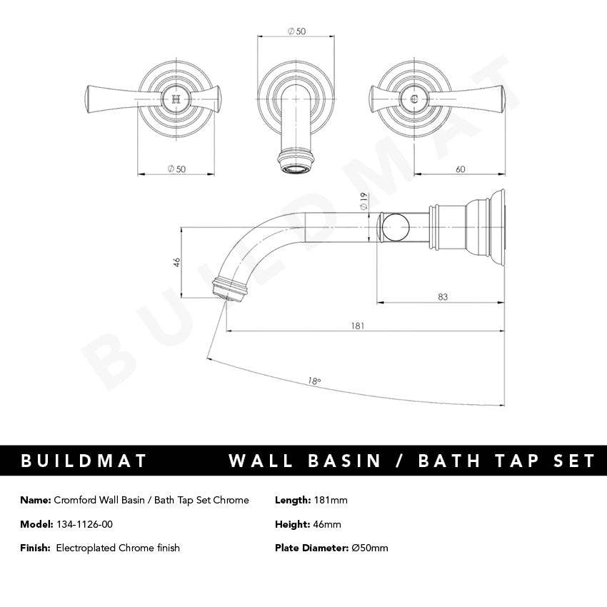 Cromford Wall Basin / Bath Tap Set Chrome