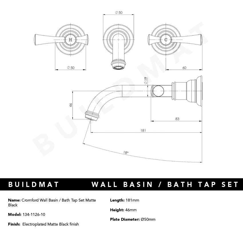 Cromford Wall Basin / Bath Tap Set Matte Black