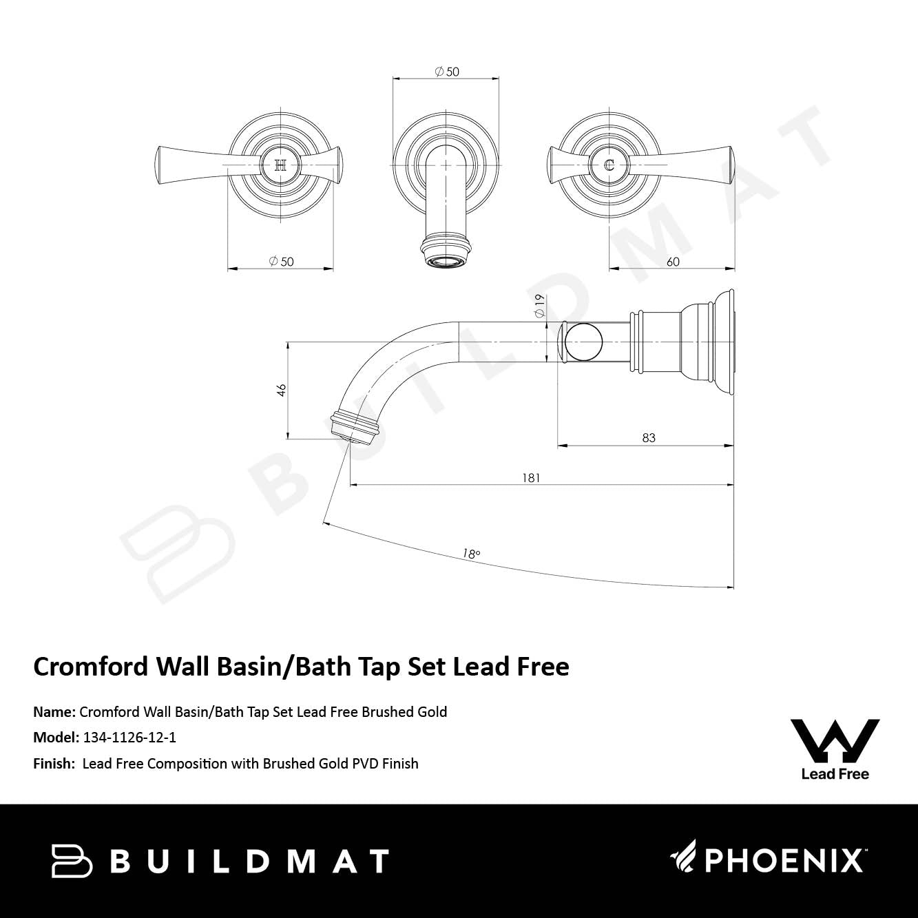 Cromford Wall Basin / Bath Tap Set Lead Free Brushed Gold