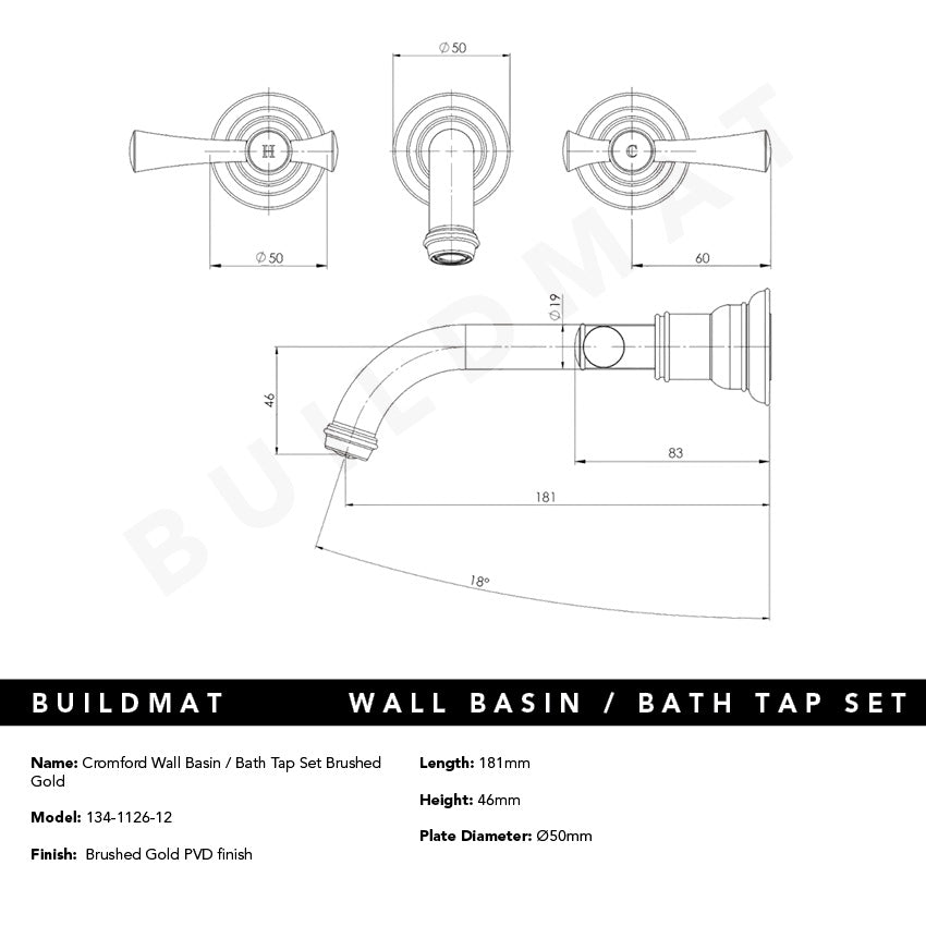 Cromford Wall Basin / Bath Tap Set Brushed Gold