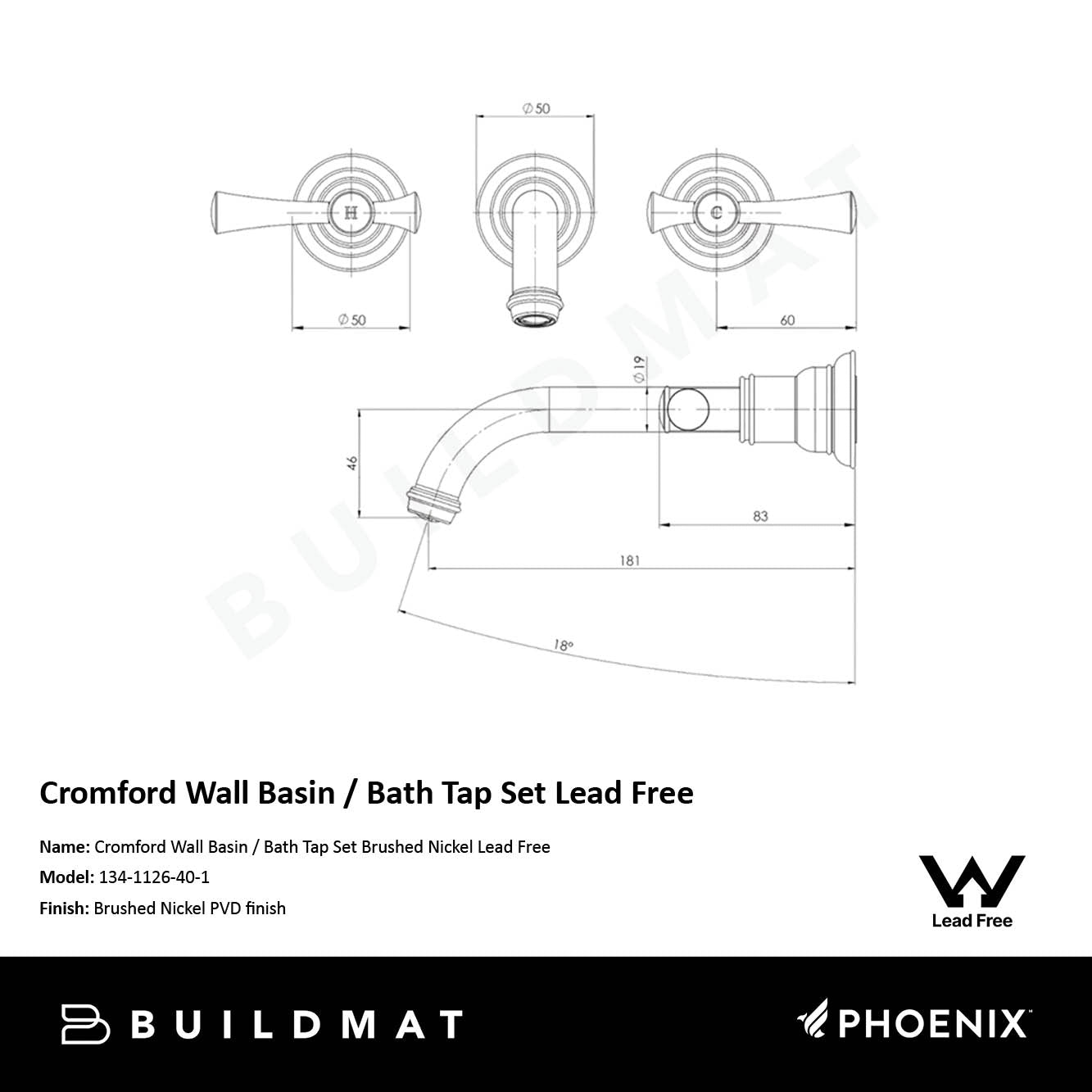 Cromford Wall Basin / Bath Tap Set Brushed Nickel Lead Free