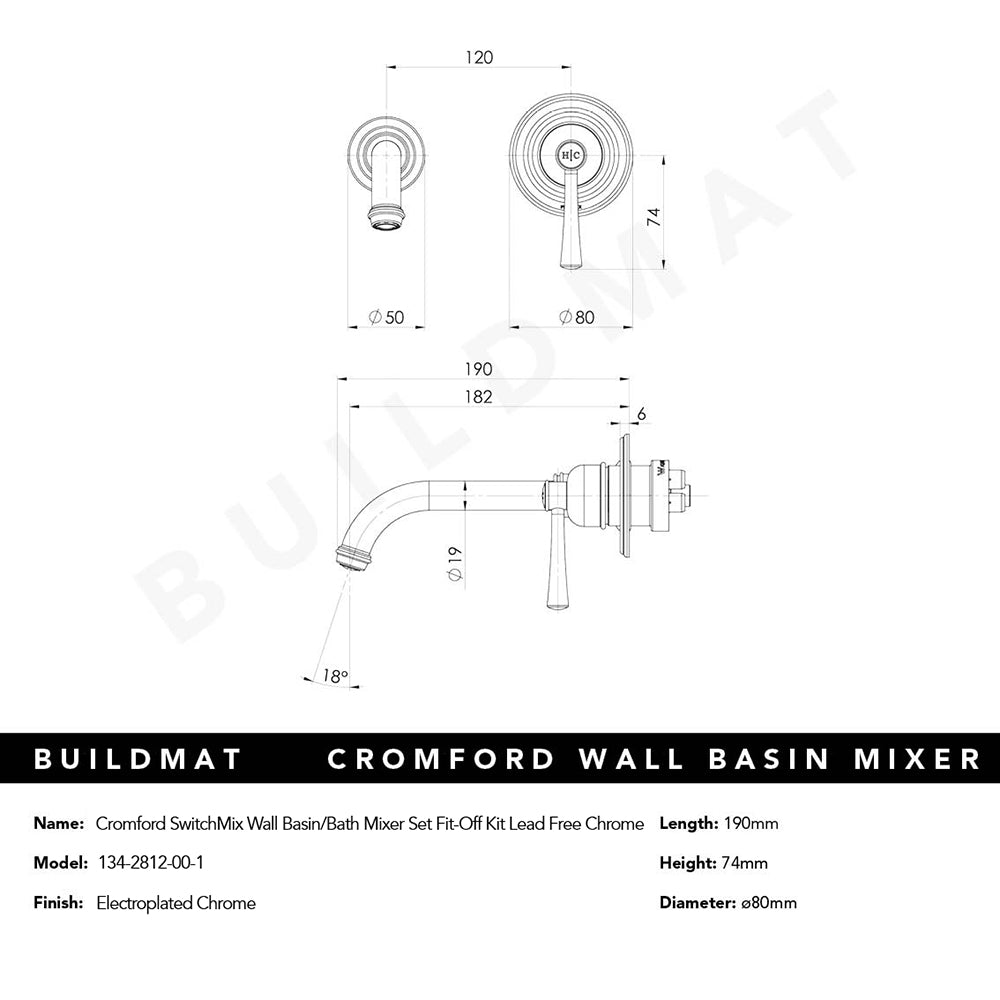 Cromford SwitchMix Wall Basin/Bath Mixer Set Fit-Off Kit Lead Free Chrome