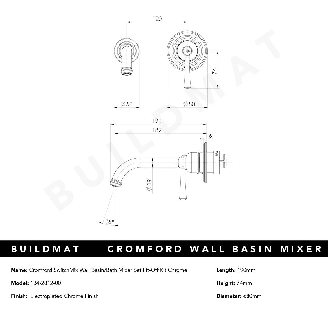 Cromford SwitchMix Wall Basin/Bath Mixer Set Fit-Off Kit Chrome