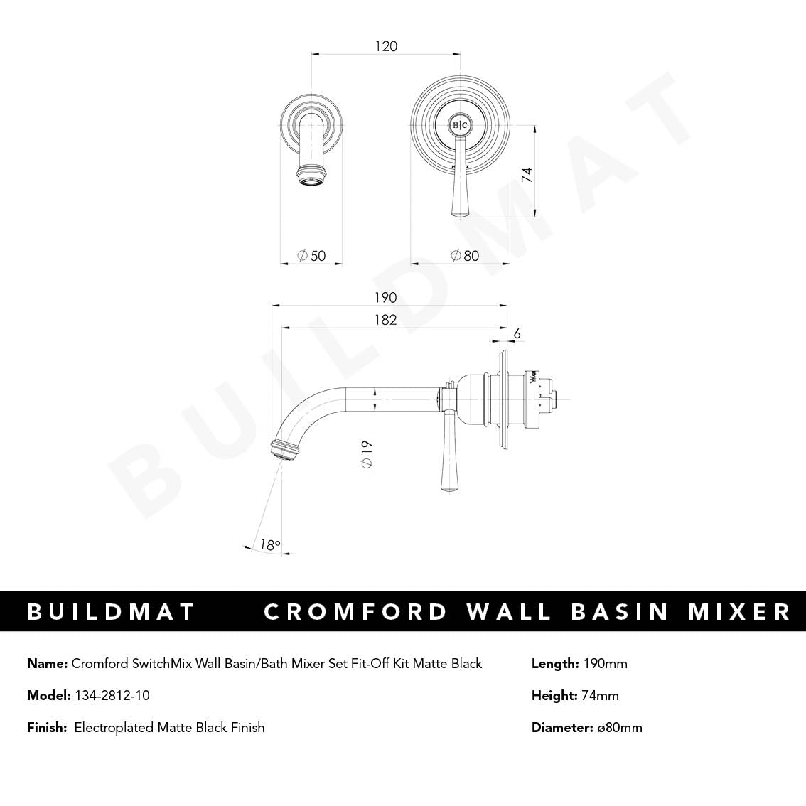 Cromford SwitchMix Wall Basin/Bath Mixer Set Fit-Off Kit Matte Black