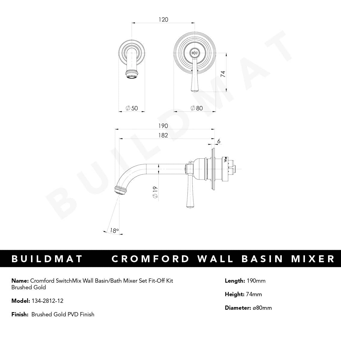 Cromford SwitchMix Wall Basin/Bath Mixer Set Fit-Off Kit Brushed Gold