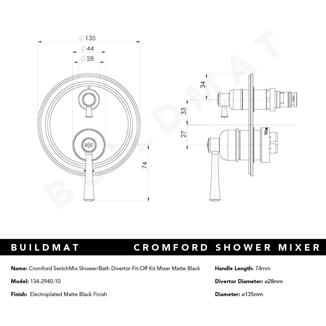 Cromford SwitchMix Shower/Bath Divertor Mixer Fit-Off Kit Matte Black