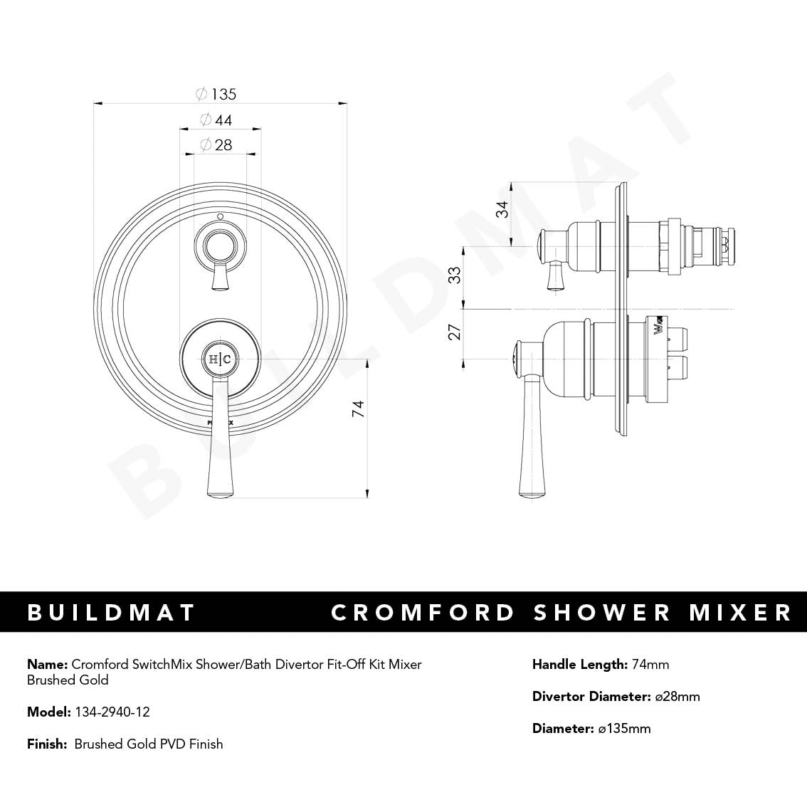 Cromford SwitchMix Shower/Bath Divertor Mixer Fit-Off Kit Brushed Gold