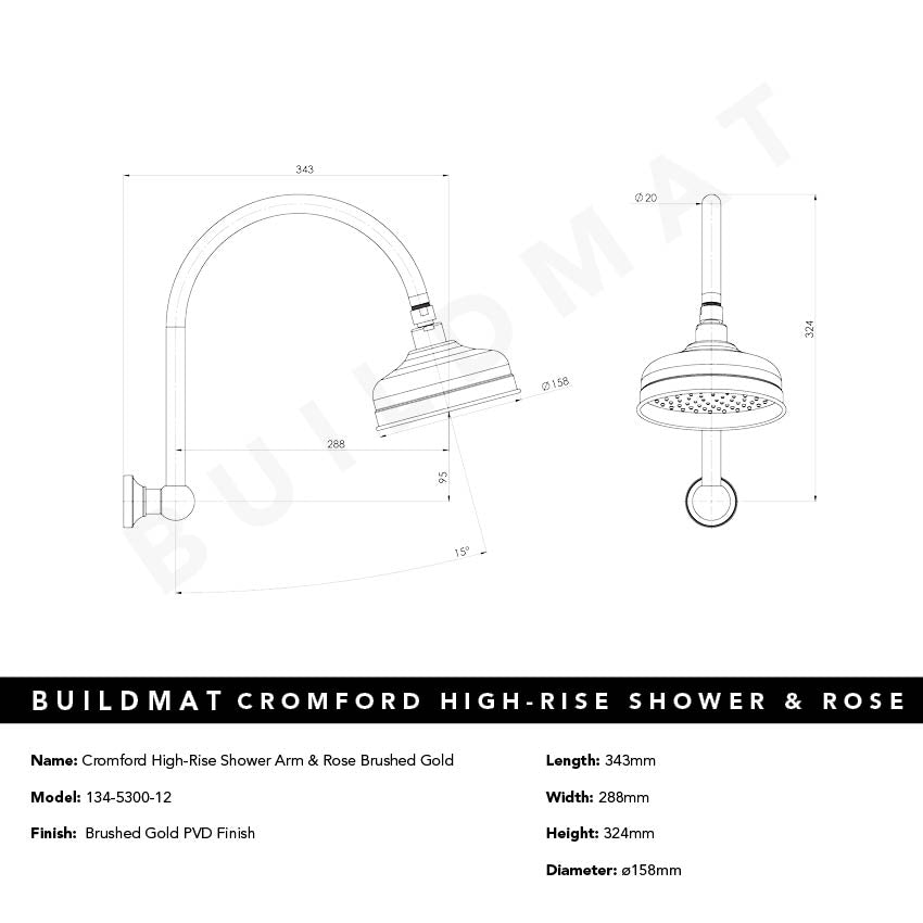 Cromford High-Rise Shower Arm and Rose Brushed Gold