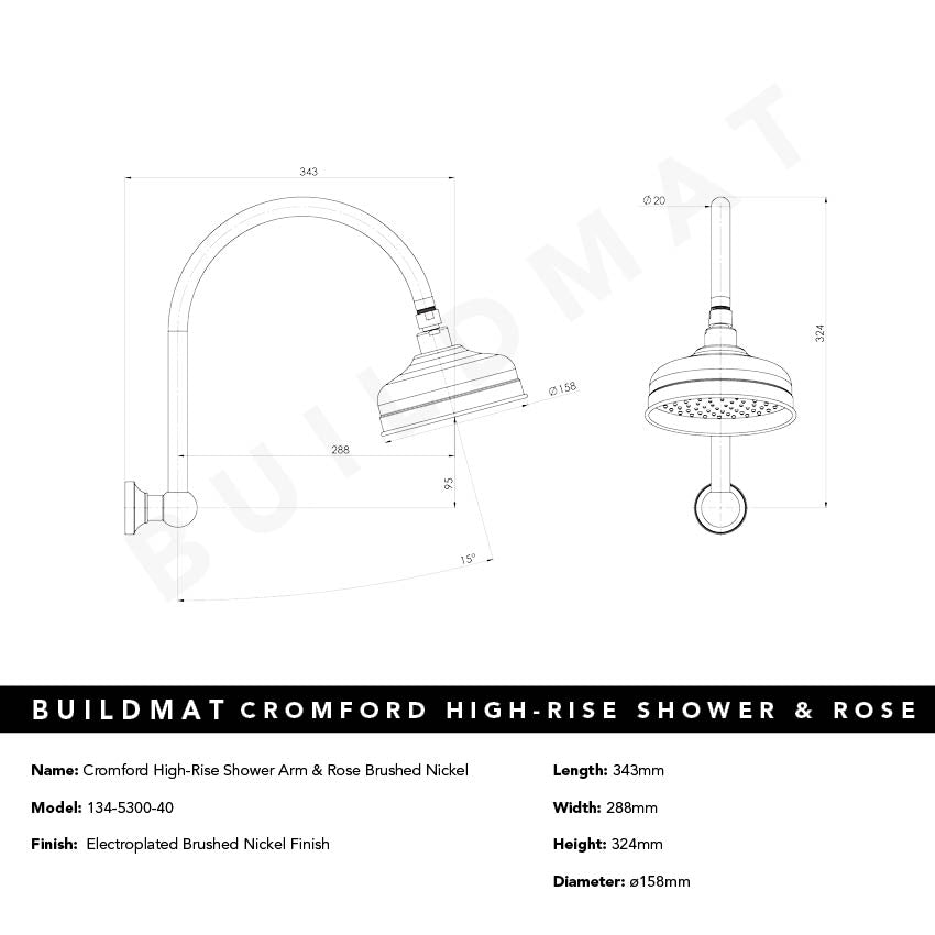 Cromford High-Rise Shower Arm and Rose Brushed Nickel