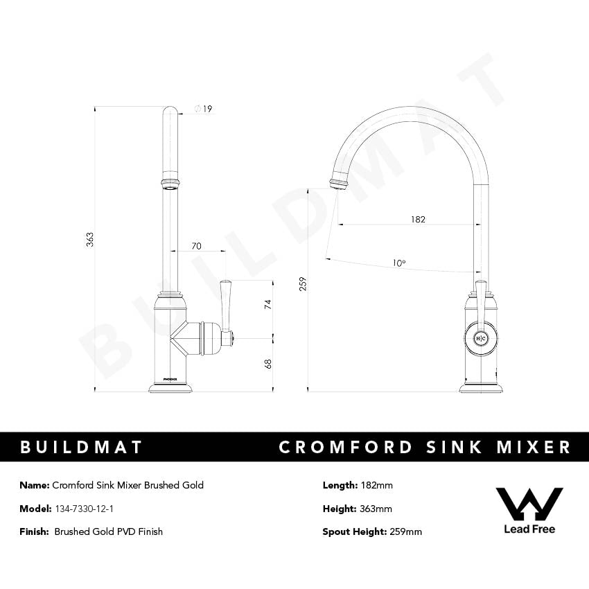 Cromford Sink Mixer Lead Free Brushed Gold