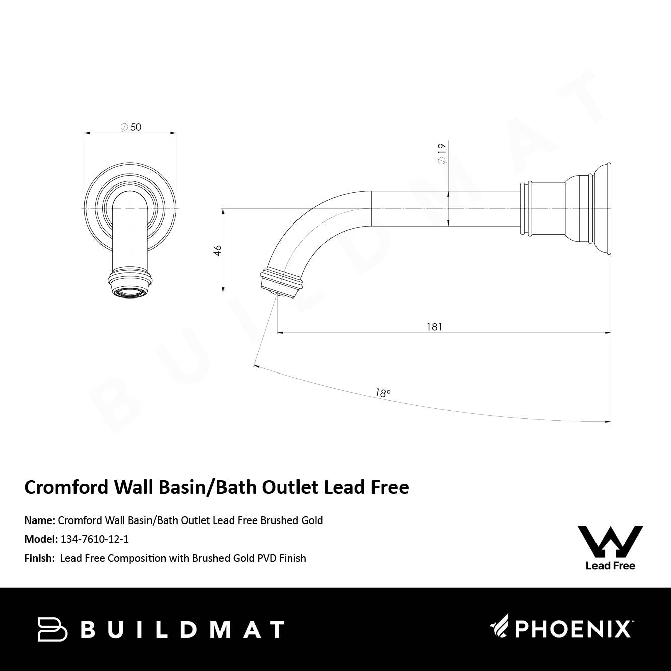 Cromford Wall Basin / Bath Outlet Lead Free Brushed Gold