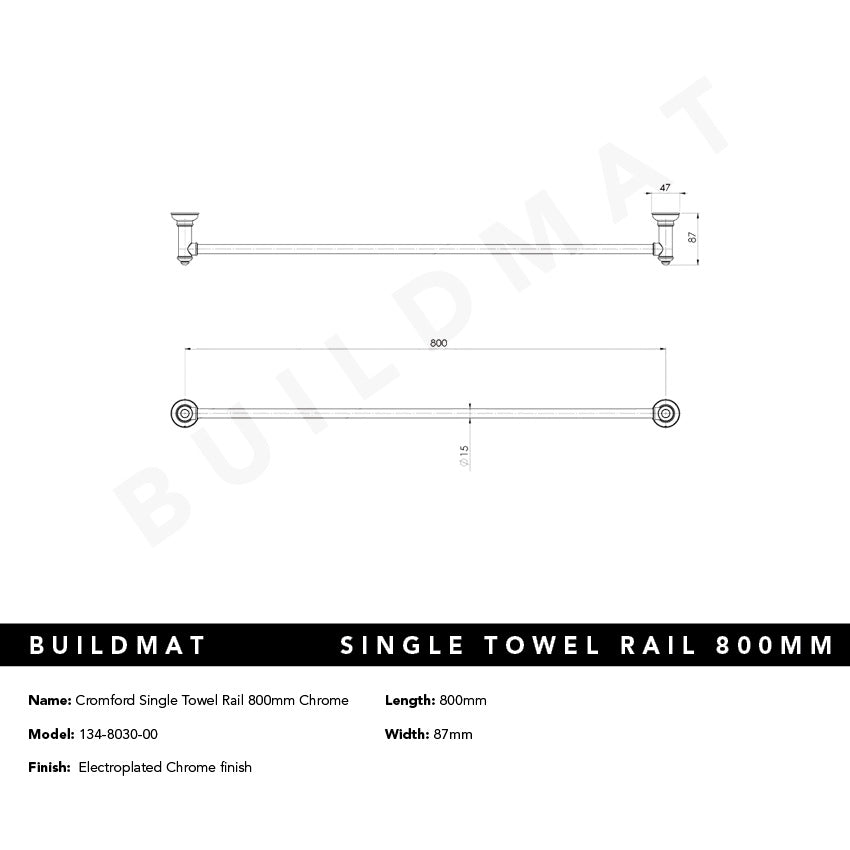 Cromford Single Towel Rail 800mm Chrome