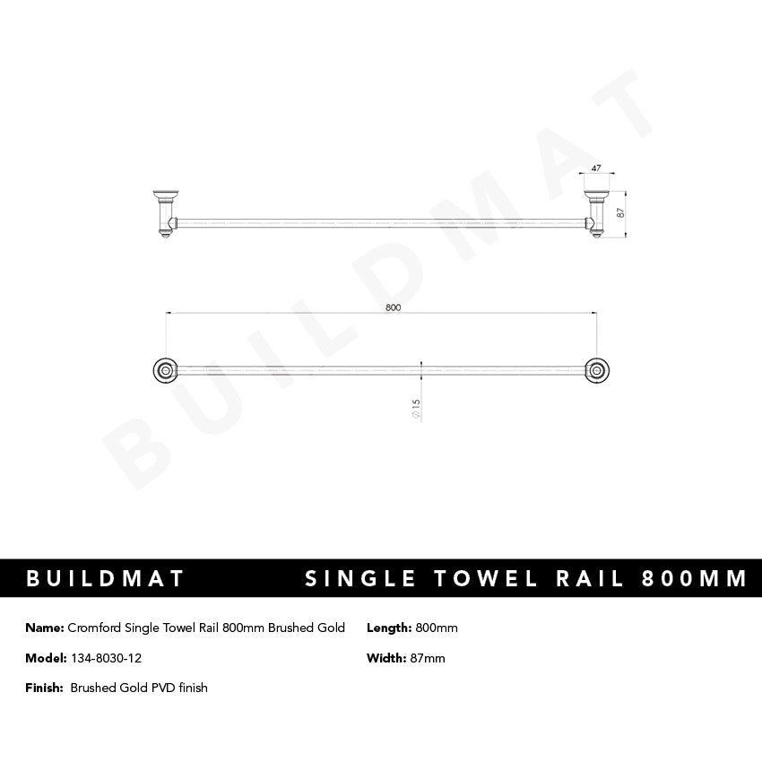 Cromford Single Towel Rail 800mm Brushed Gold