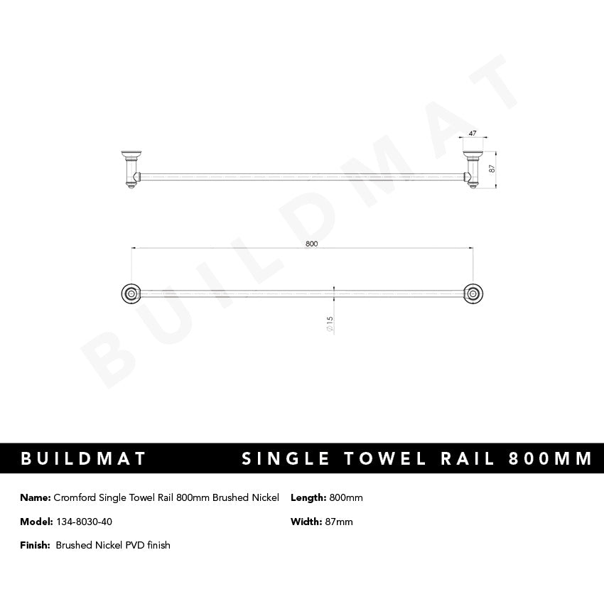 Cromford Single Towel Rail 800mm Brushed Nickel