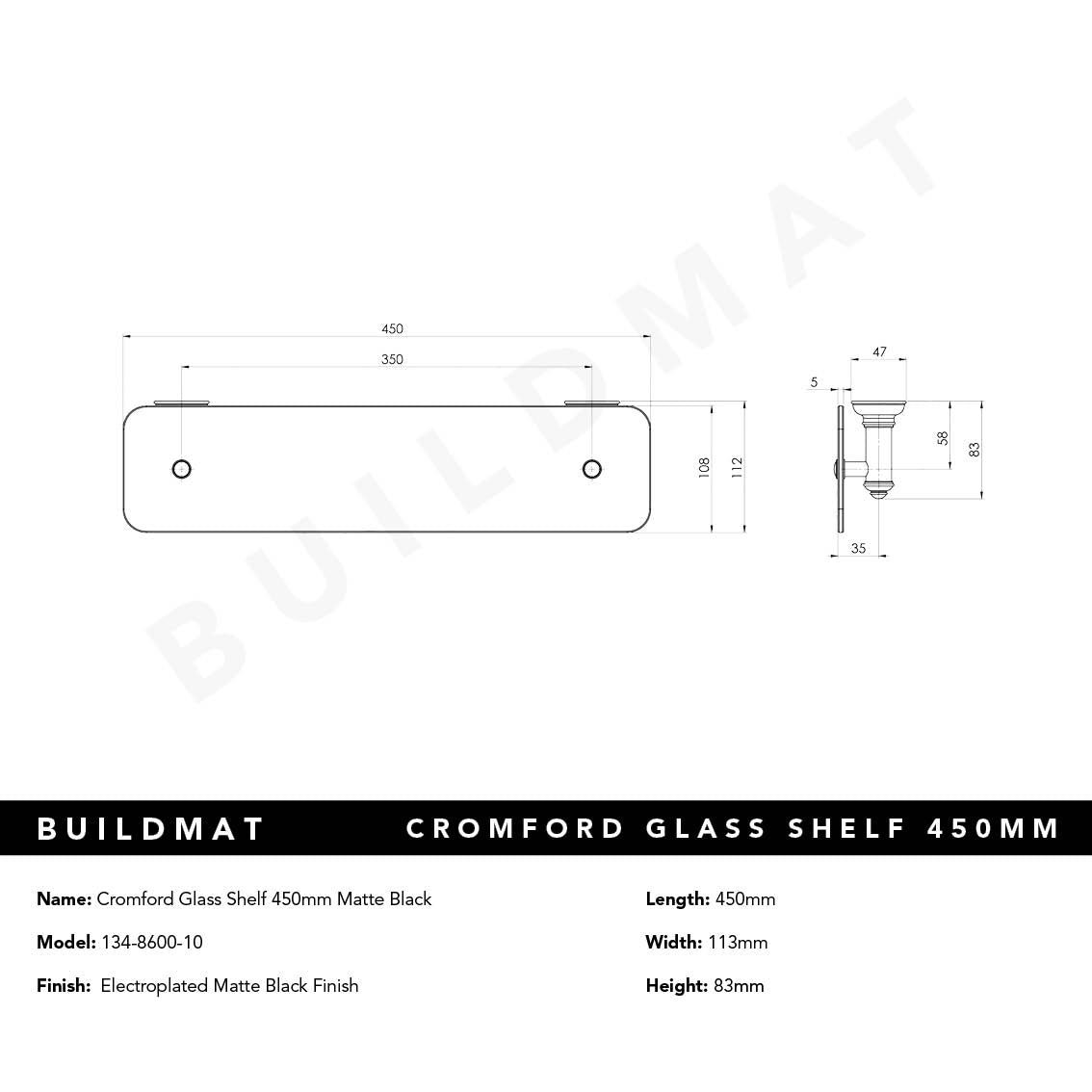 Cromford Glass Shelf 450mm Matte Black