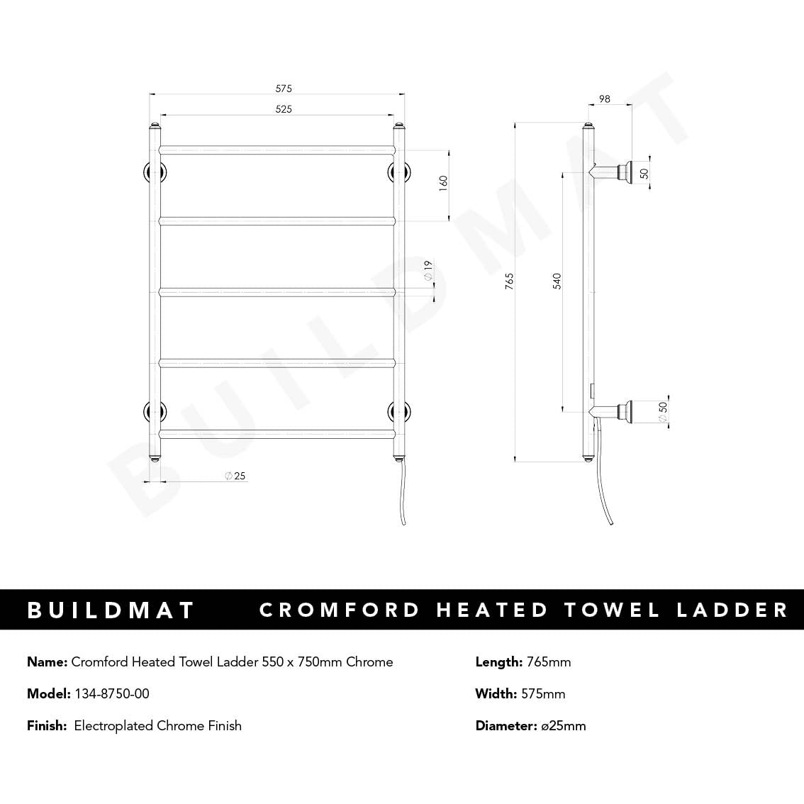 Cromford Heated Towel Ladder 550x750mm Chrome