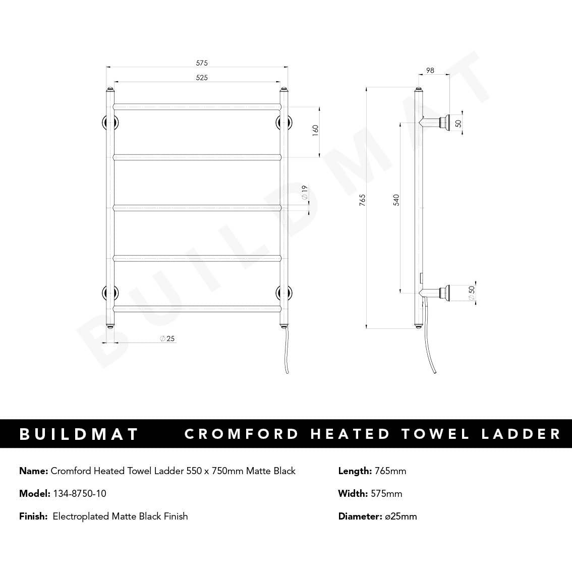 Cromford Heated Towel Ladder 550x750mm Matte Black