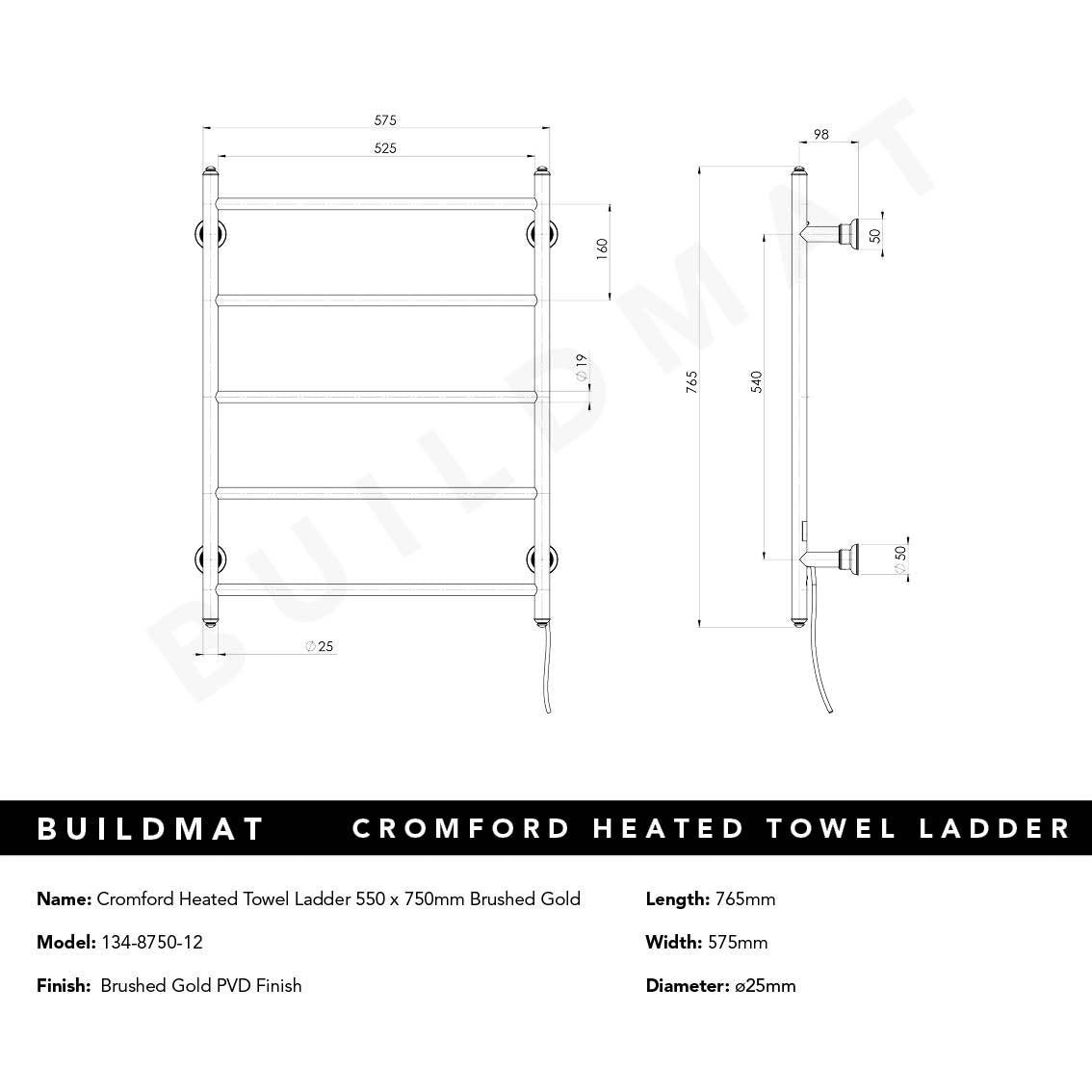 Cromford Heated Towel Ladder 550x750mm Brushed Gold