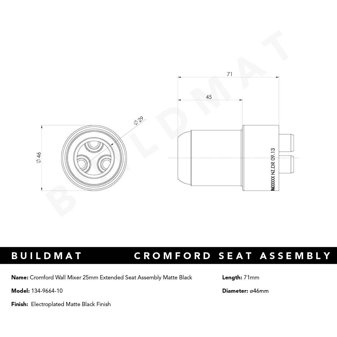 Cromford Wall Mixer 25mm Extended Seat Assembly Matte Black