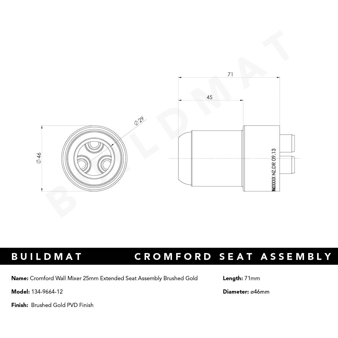 Cromford Wall Mixer 25mm Extended Seat Assembly Brushed Gold