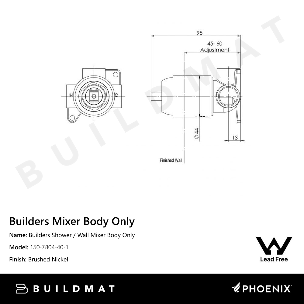 Builders Shower / Wall Mixer Body Only Lead Free Brushed Nickel