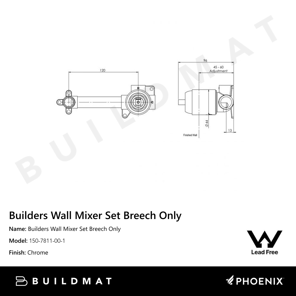 Builders Wall Mixer Set Breech Only Lead Free Chrome