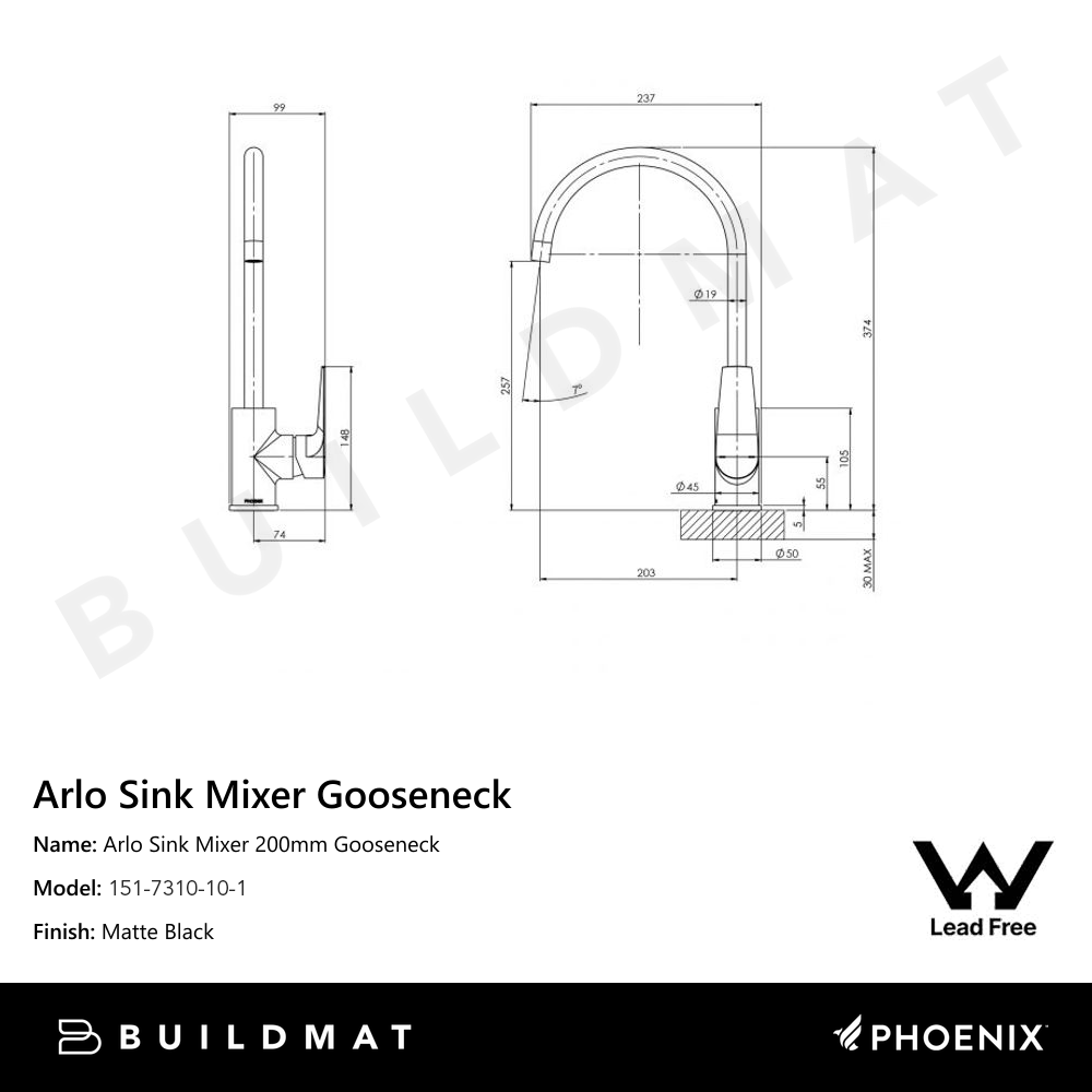 Arlo Sink Mixer 200mm Gooseneck Lead Free Matte Black